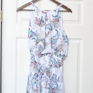 WHBM White halter neck dress with blue, coral print, Size 2